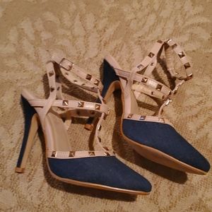 Rue21 Denim Ankle T-Strap Studded Heels size 6/7